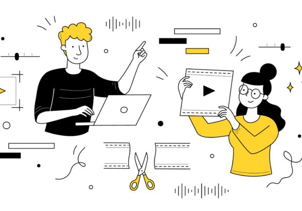 Video editing doodle concept. Motion designer or animator holding film in hands create animated movies or clips. Graphic studio service, multimedia and animation montage, Linear vector web banner