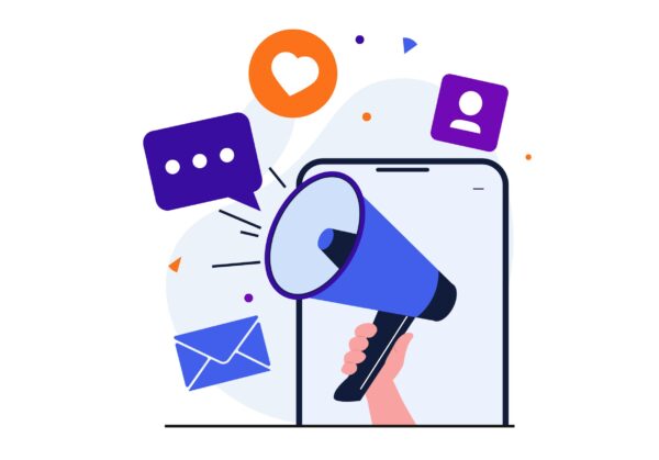 Digital marketing modern flat concept for web banner design. Ad campaign and online promotion in mobile apps, advertising content in social networks. Vector illustration with isolated people scene